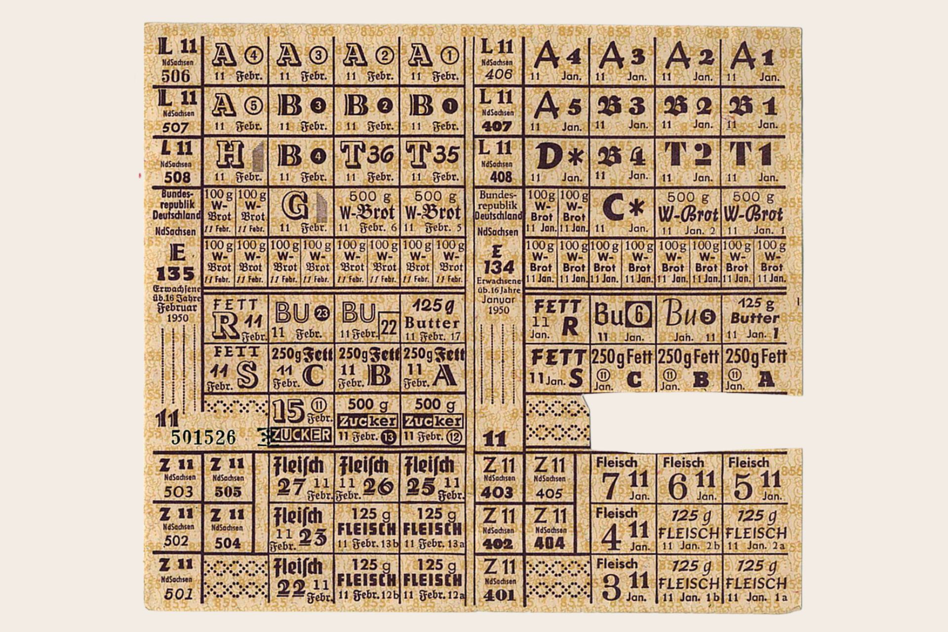 Galerie-der-verschwundenen-Geschichten_Lebensmittelkarte_Bundesrepublik_1950